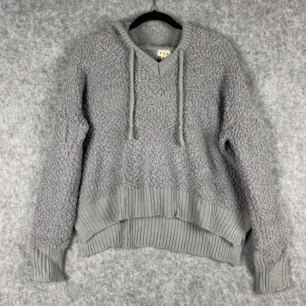 Pol Sweater Womens Medium Gray Popcorn Chenille Hooded Oversized Cropped Boho